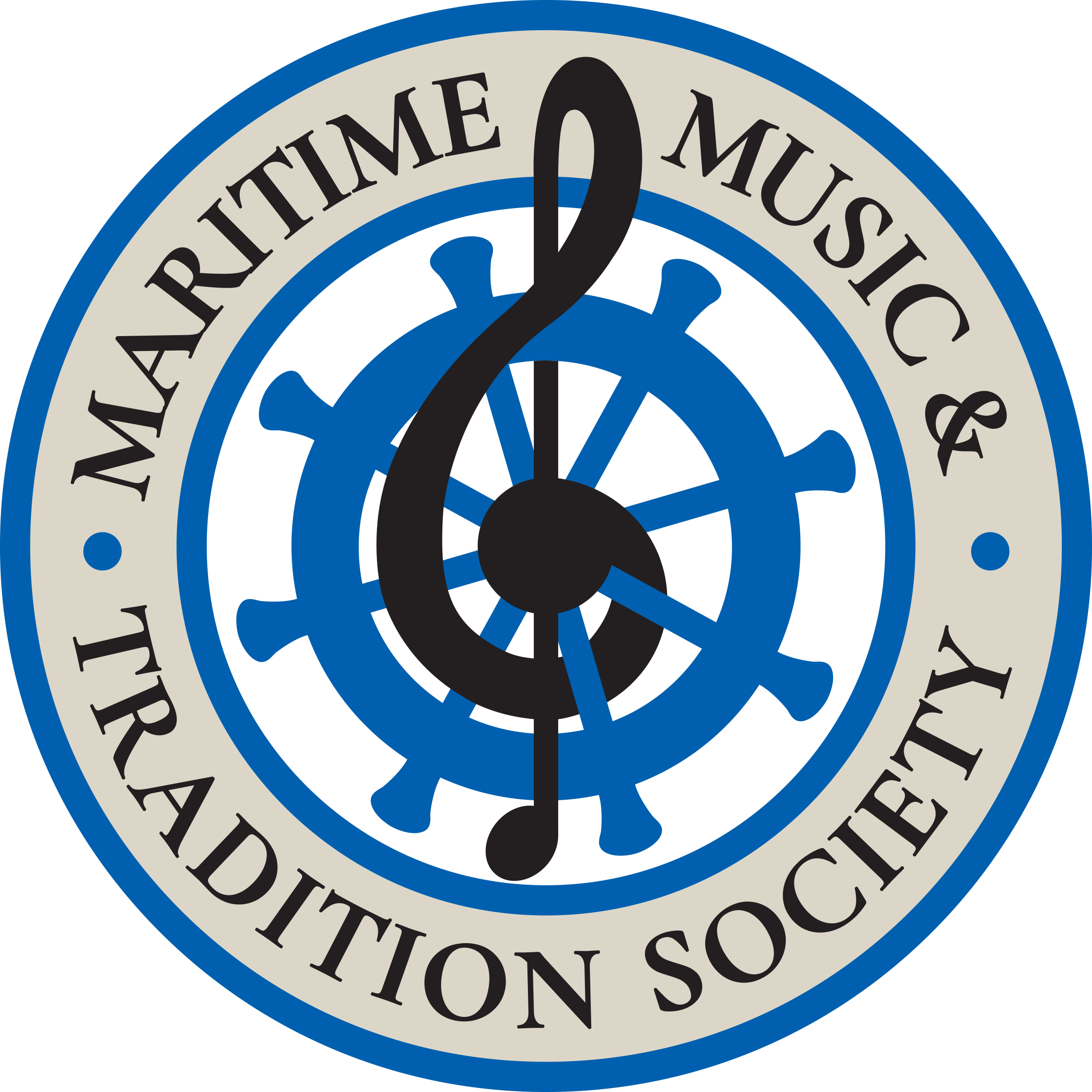 Logo of the Maritime Music & Tradition Society, an image of a treble clef intertwined with a ship's wheel.